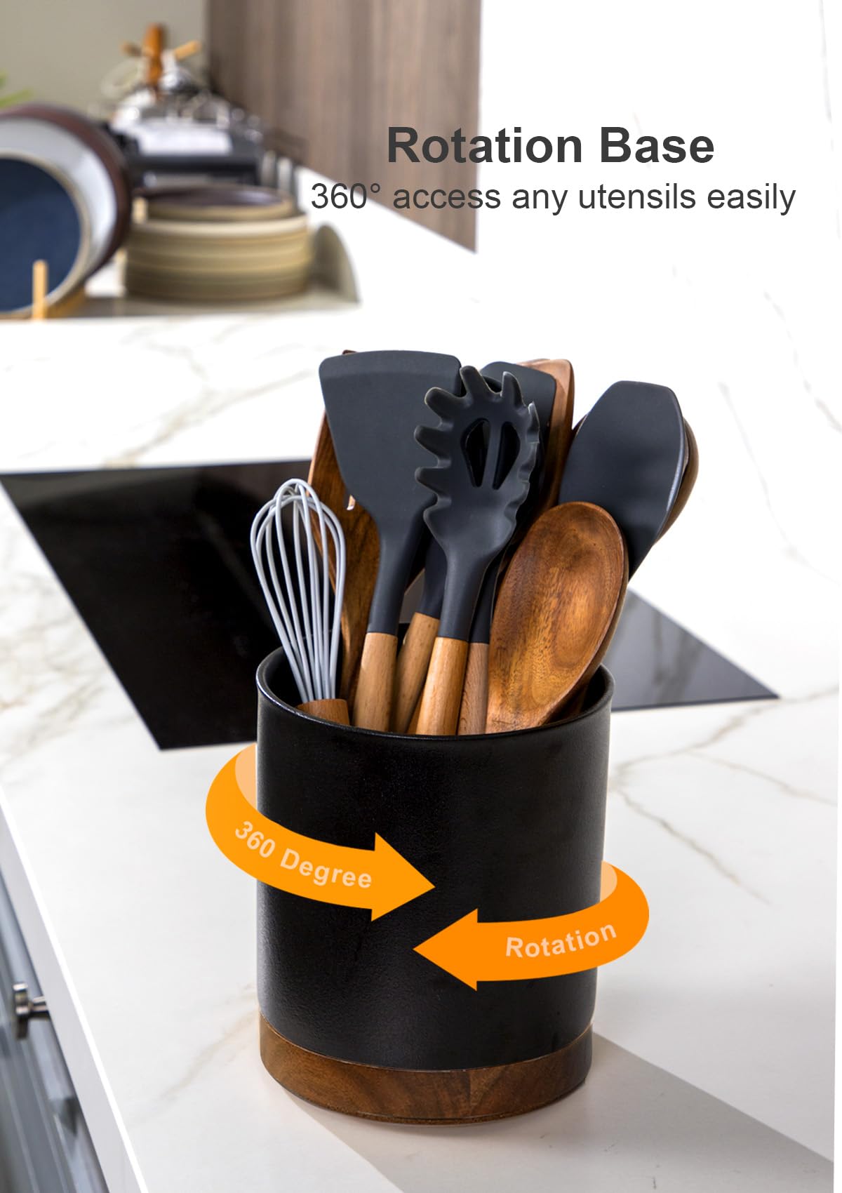 Nucookery large-capacity crock stores 20+ utensils on the countertop.