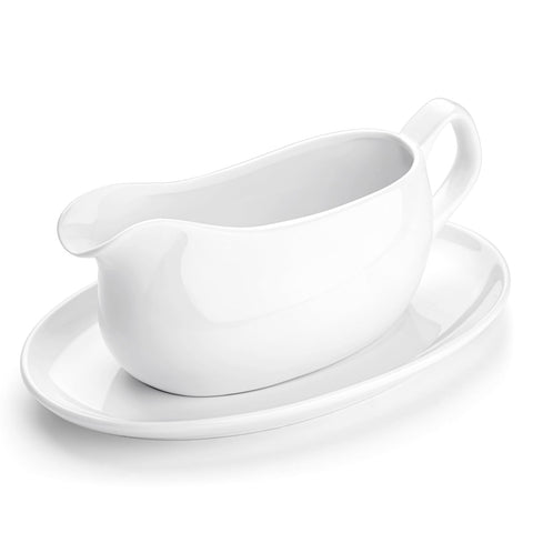 Nucookery large white porcelain gravy boat with saucer for elegant dripless serving
