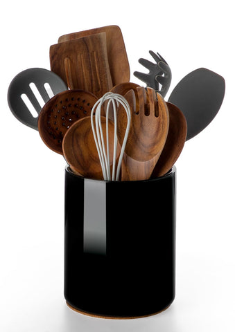 Nucookery 6.4 inch black ceramic utensil holder on countertop keeps utensils organized.