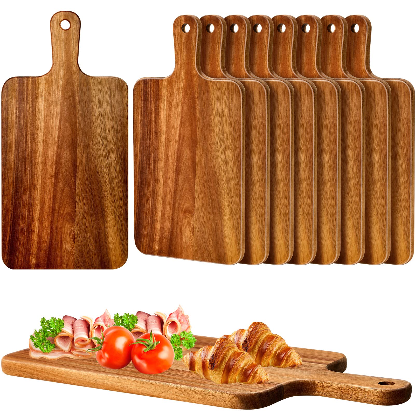 Nuenen acacia cutting board with handle for easy transport and serving.
