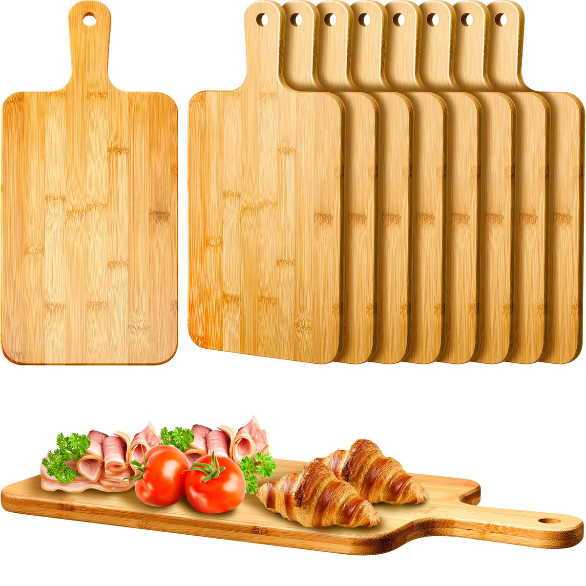 Nuenen bamboo cutting board with handle ready for pizza prep and serving