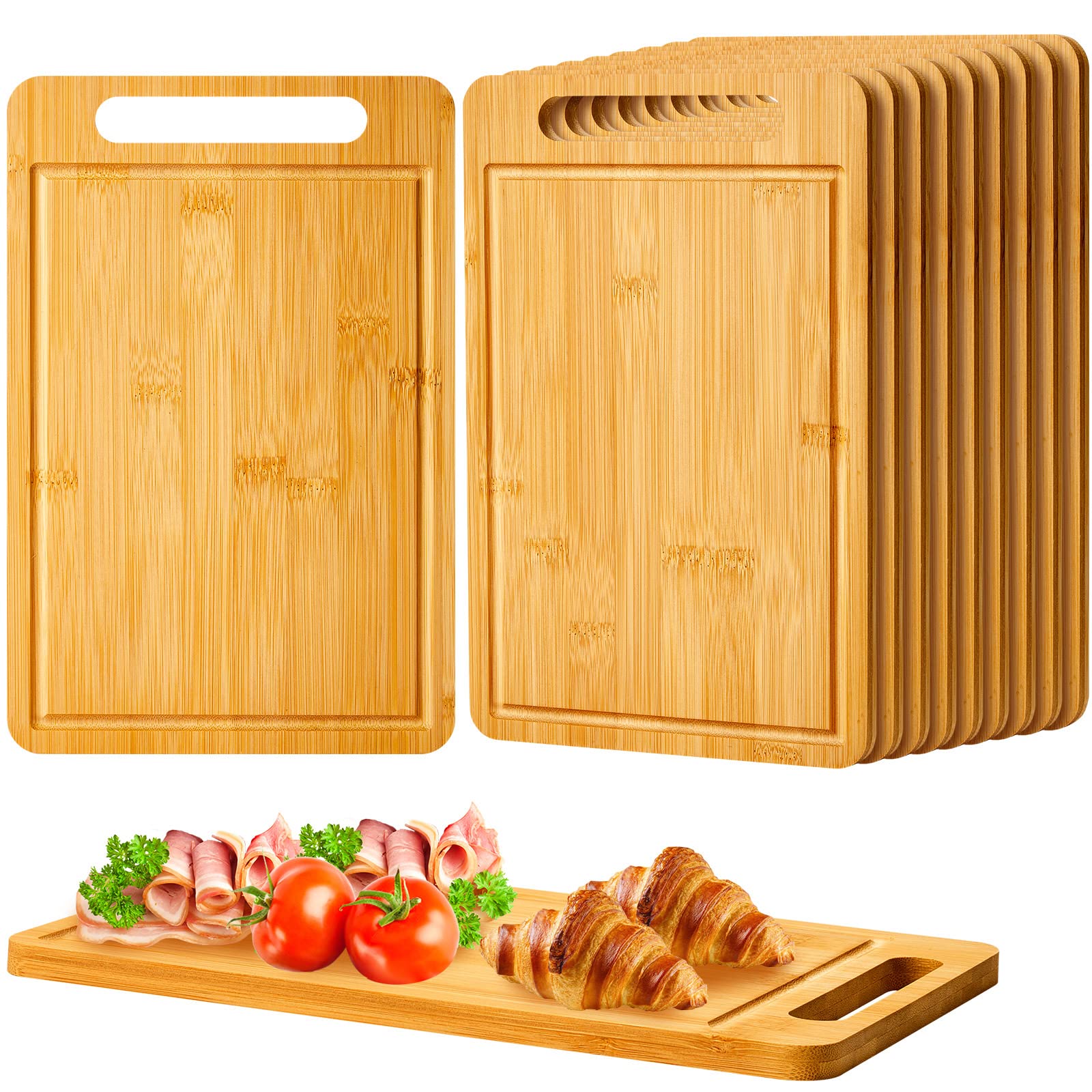 Nuenen bamboo cutting boards with handles, 10-piece set for versatile prep and serving.