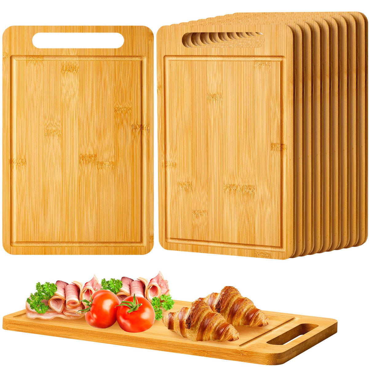 Nuenen bamboo cutting boards with handles, 10-piece set for versatile prep and serving.
