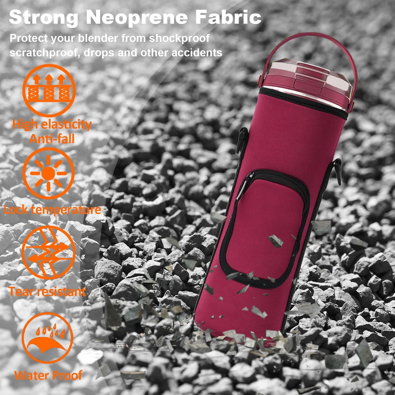NUENSS-ROR neoprene material protects blender while keeping drinks cool or warm.