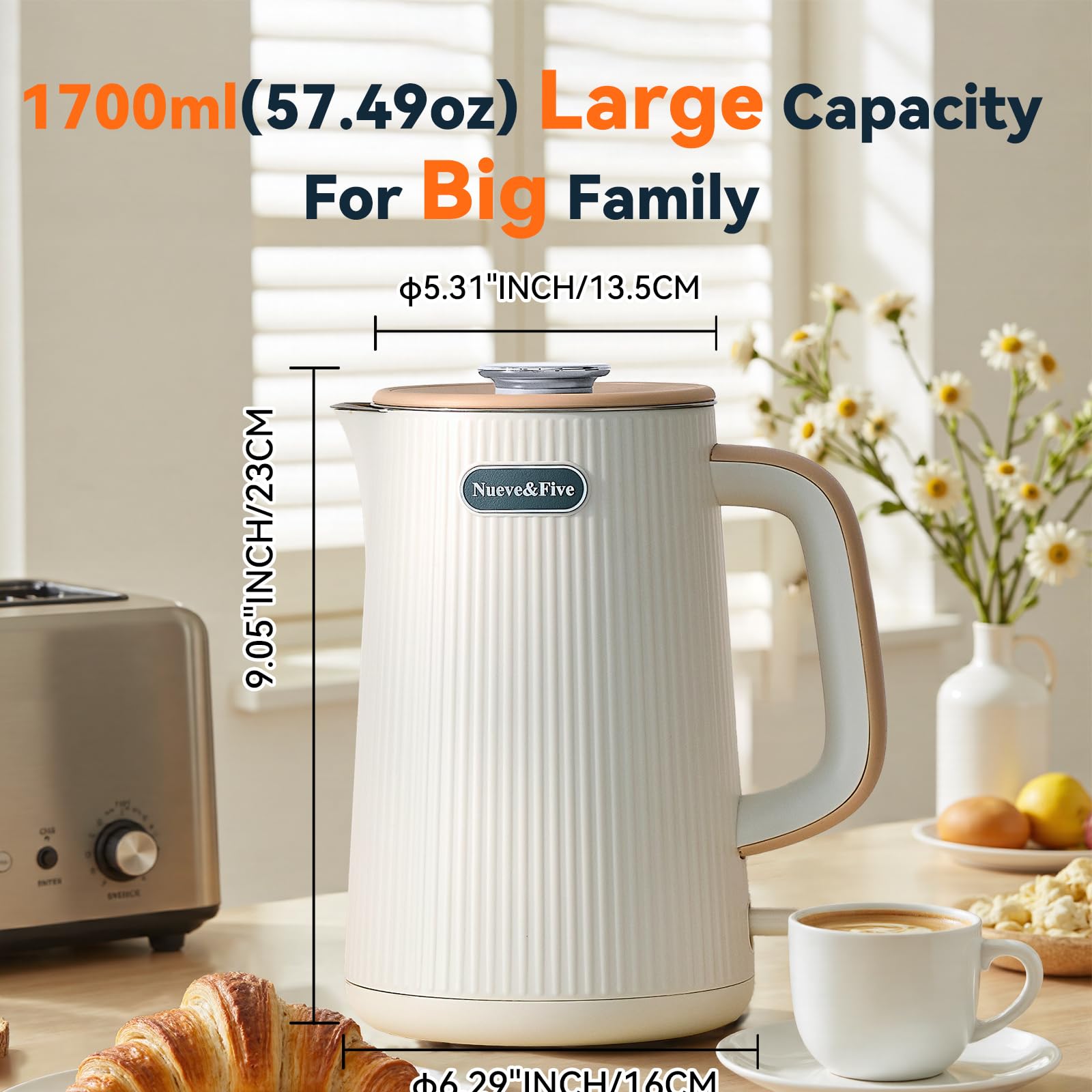 Nueve&Five 1.7L cream-white kettle side view shows large capacity for gatherings.