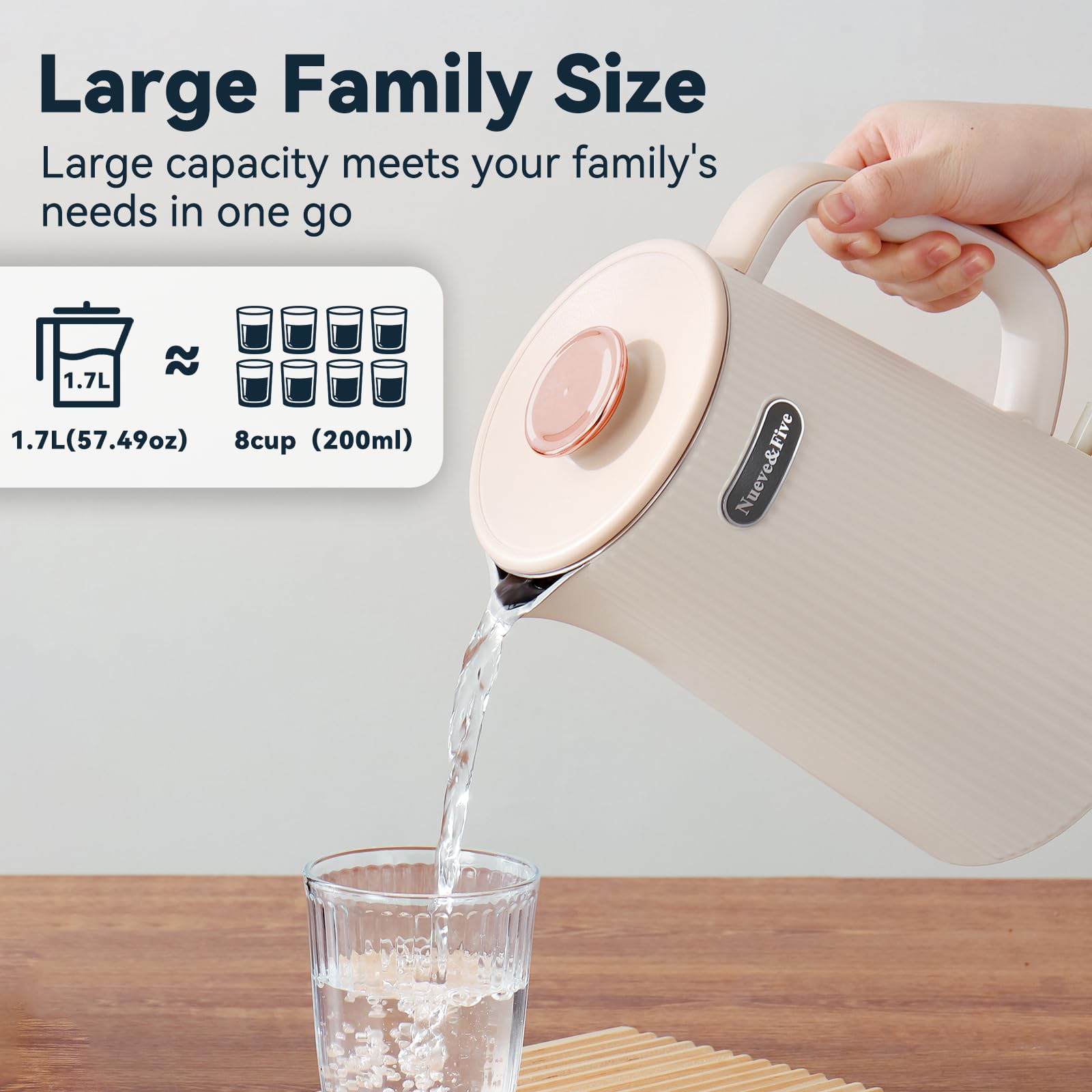 Nueve&Five kettle with 360-degree base enables easy serving from any angle.