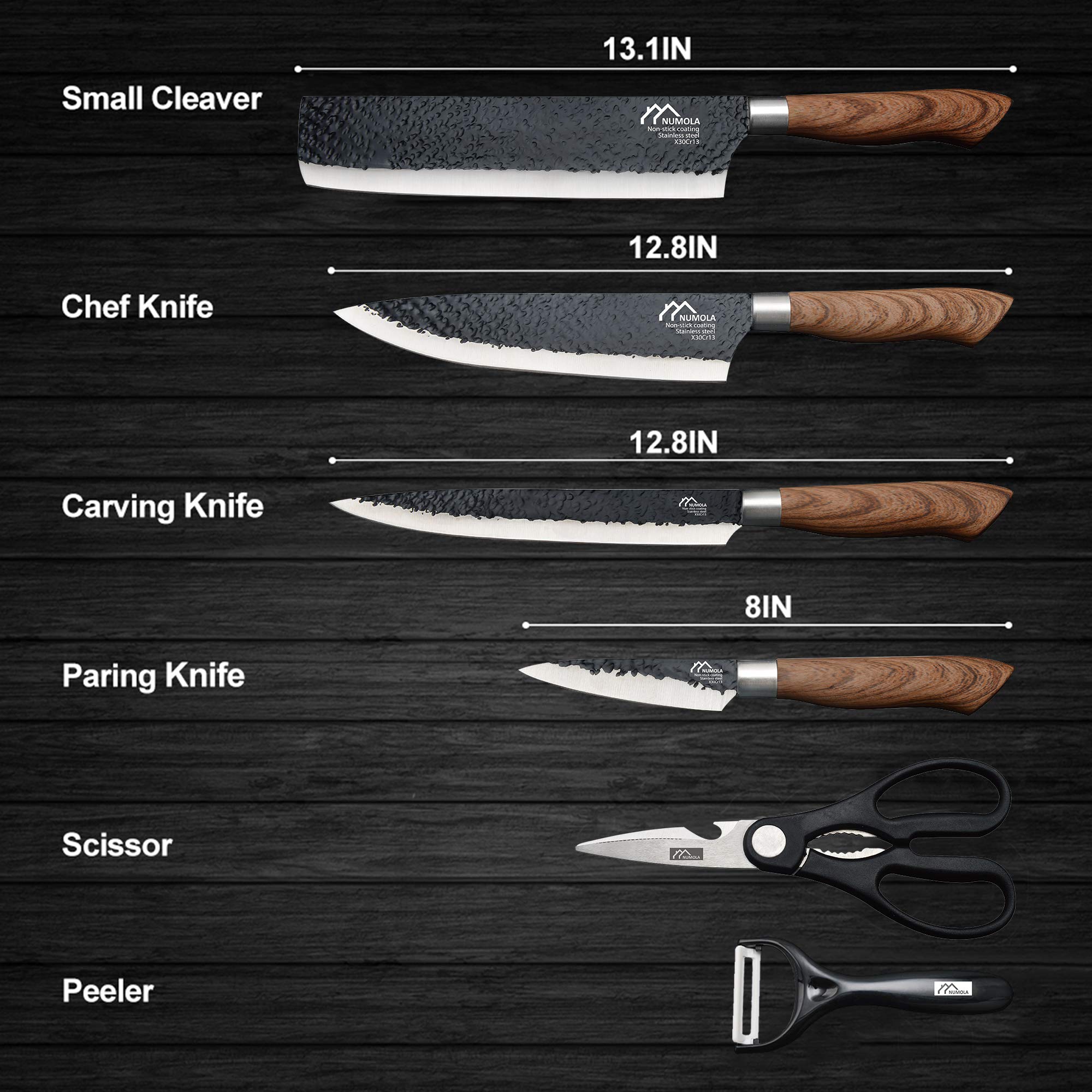 Numola 8-inch chef knife blade ready for precise slicing and mincing
