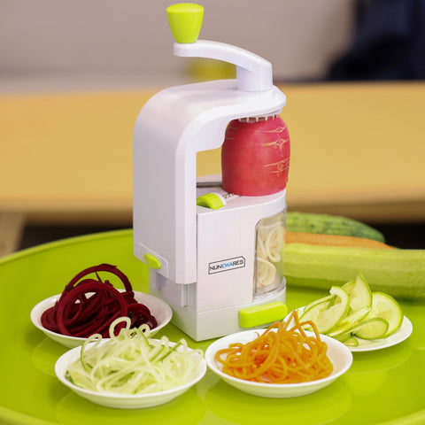 NUNEWARES Spiralizer uses ultra-sharp Japanese blades for precise cuts.