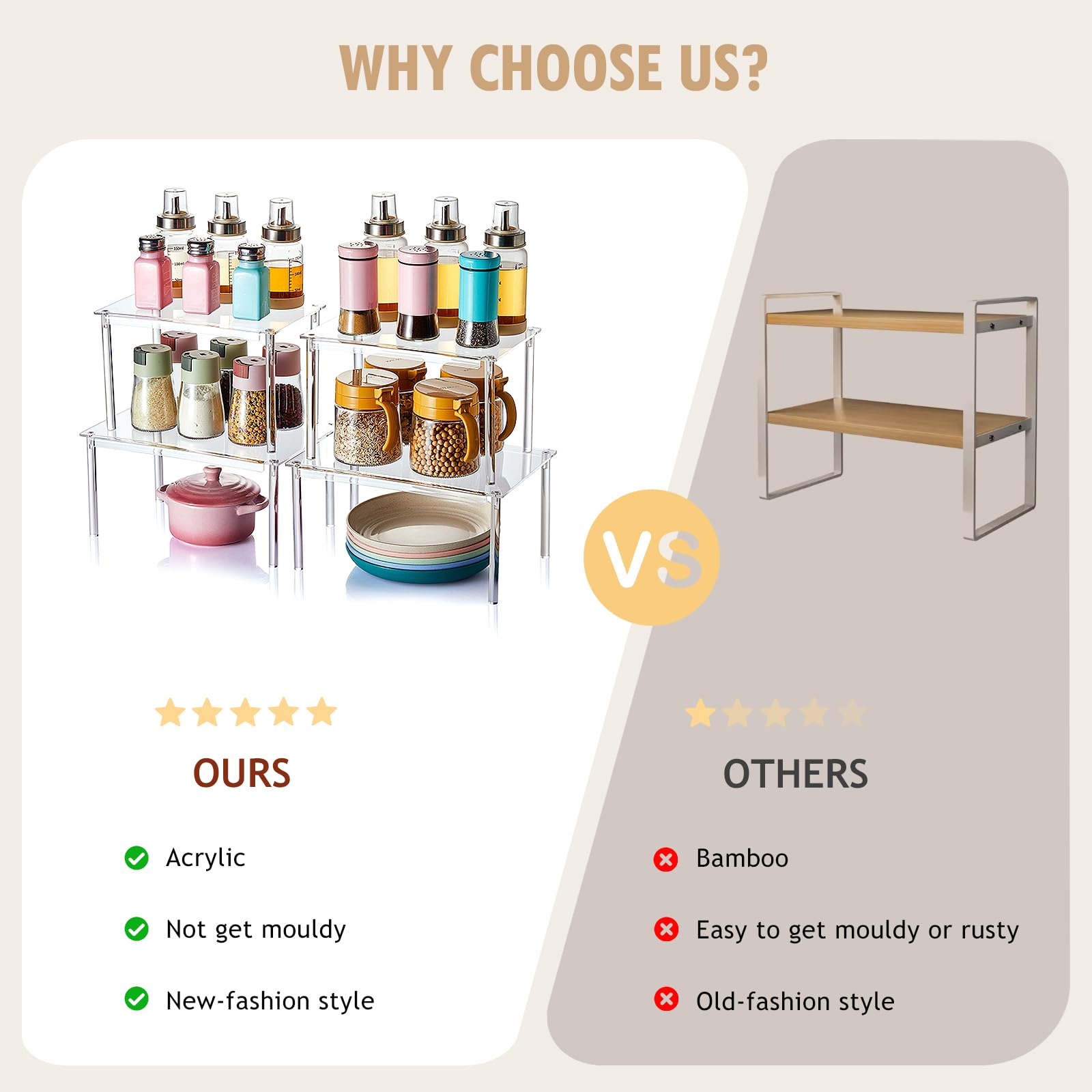 Nuoex clear acrylic display riser highlights bottles and jars for quick selection