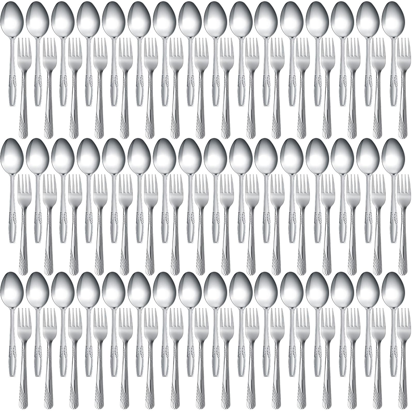 Nuogo 100-piece flatware close-up showing forks and spoons for everyday dining