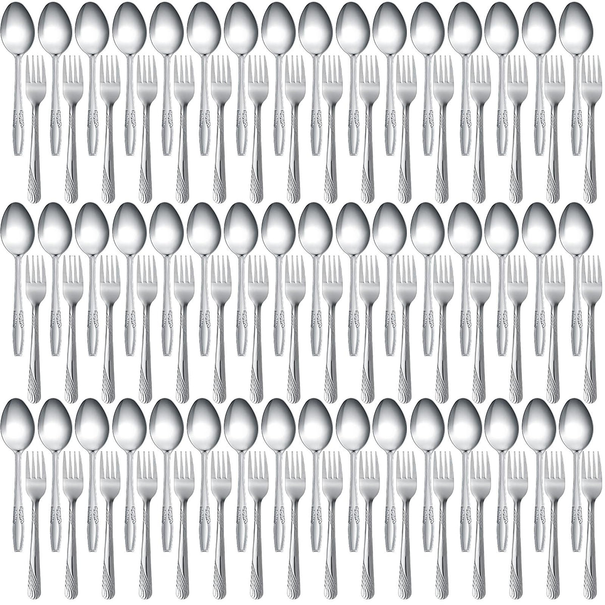 Nuogo 100-piece flatware close-up showing forks and spoons for everyday dining