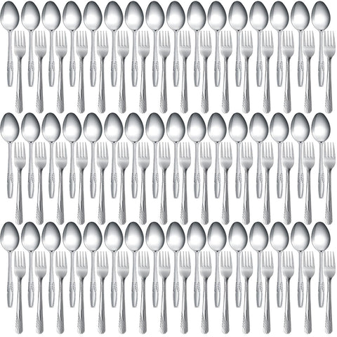 Nuogo 100-piece flatware close-up showing forks and spoons for everyday dining