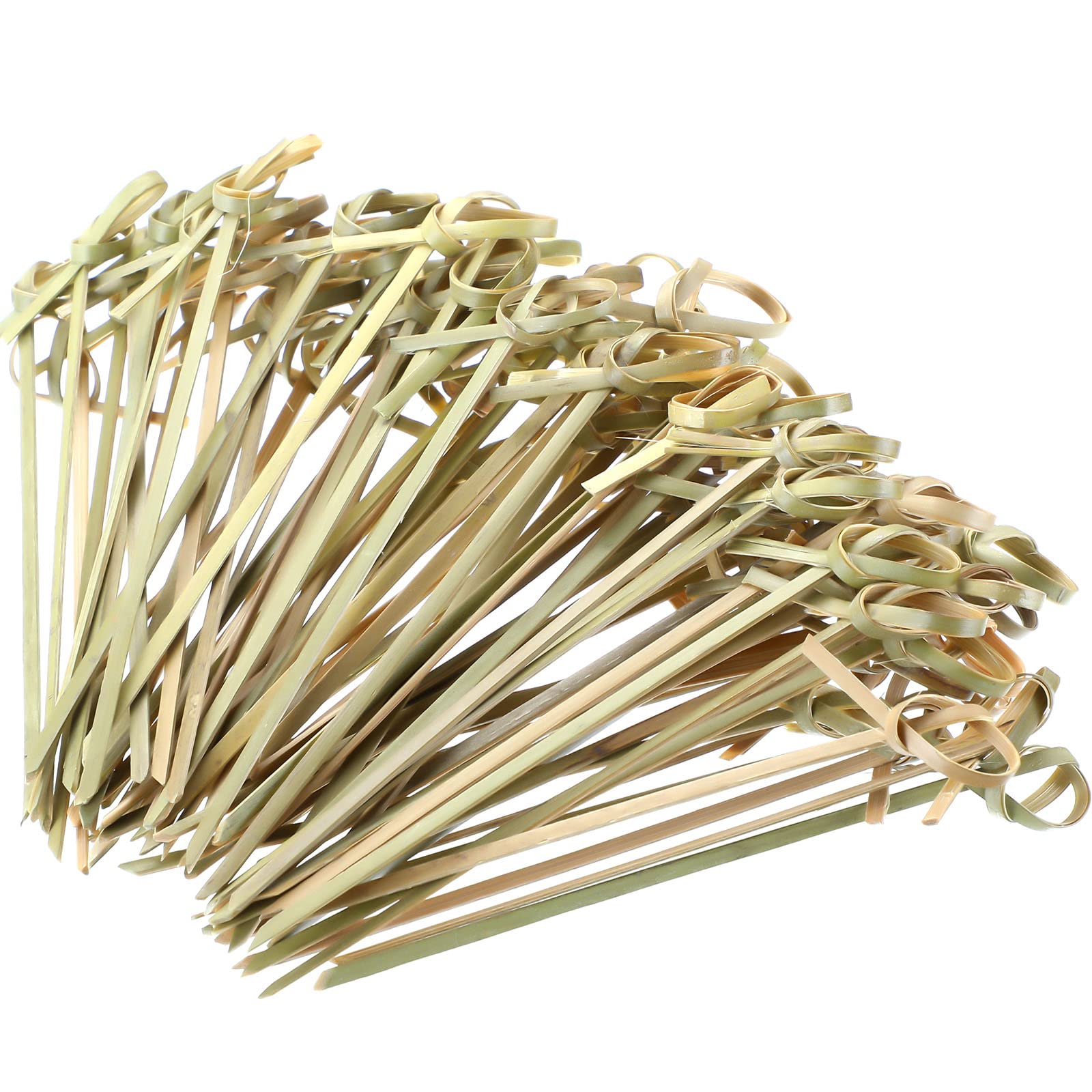 Nuogo bamboo skewers with green knotted heads for eye-catching appetizers.