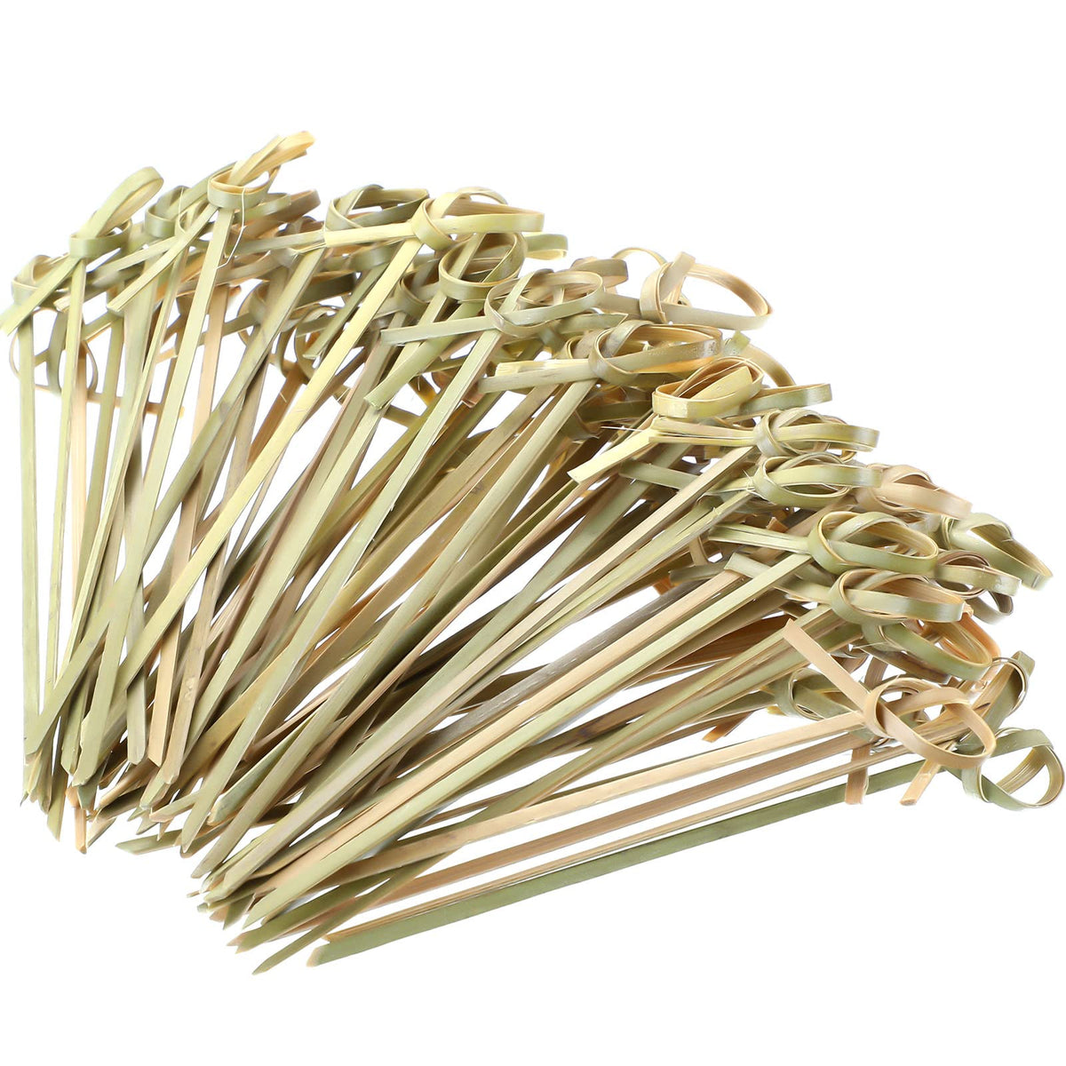 Nuogo bamboo skewers with green knotted heads for eye-catching appetizers.