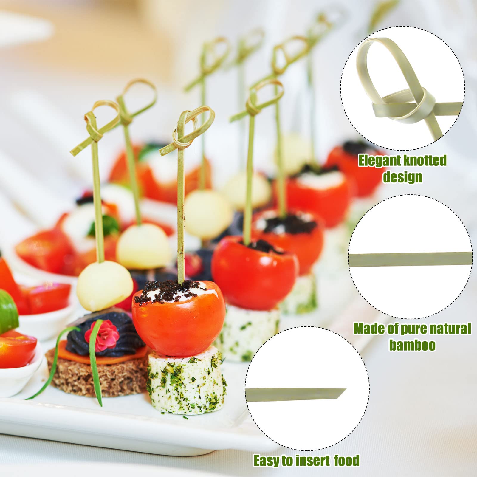Nuogo bamboo skewers with pointed ends for easy food pickup.