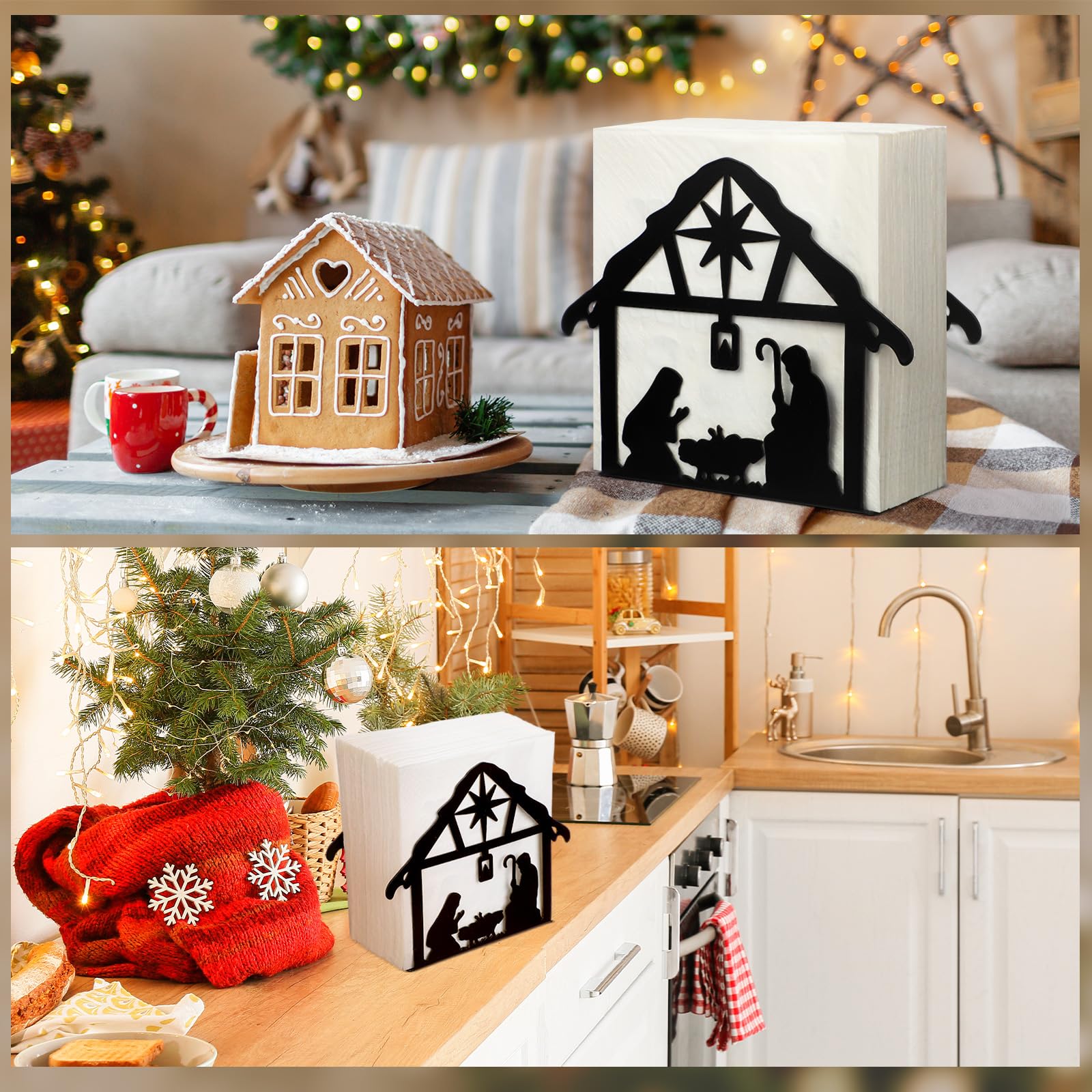 Nuogo Christmas napkin holder features an artful nativity design.