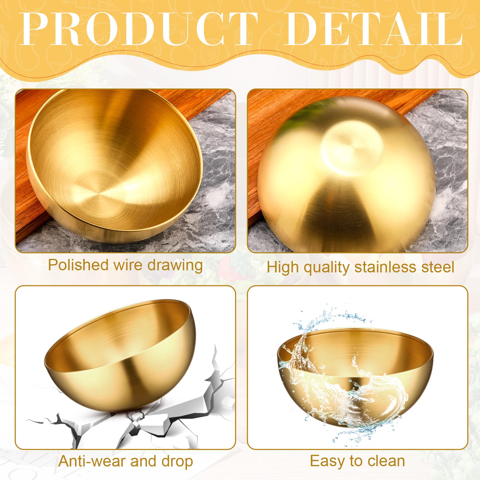 Nuogo gold bowls with sturdy stainless steel construction for lasting use.