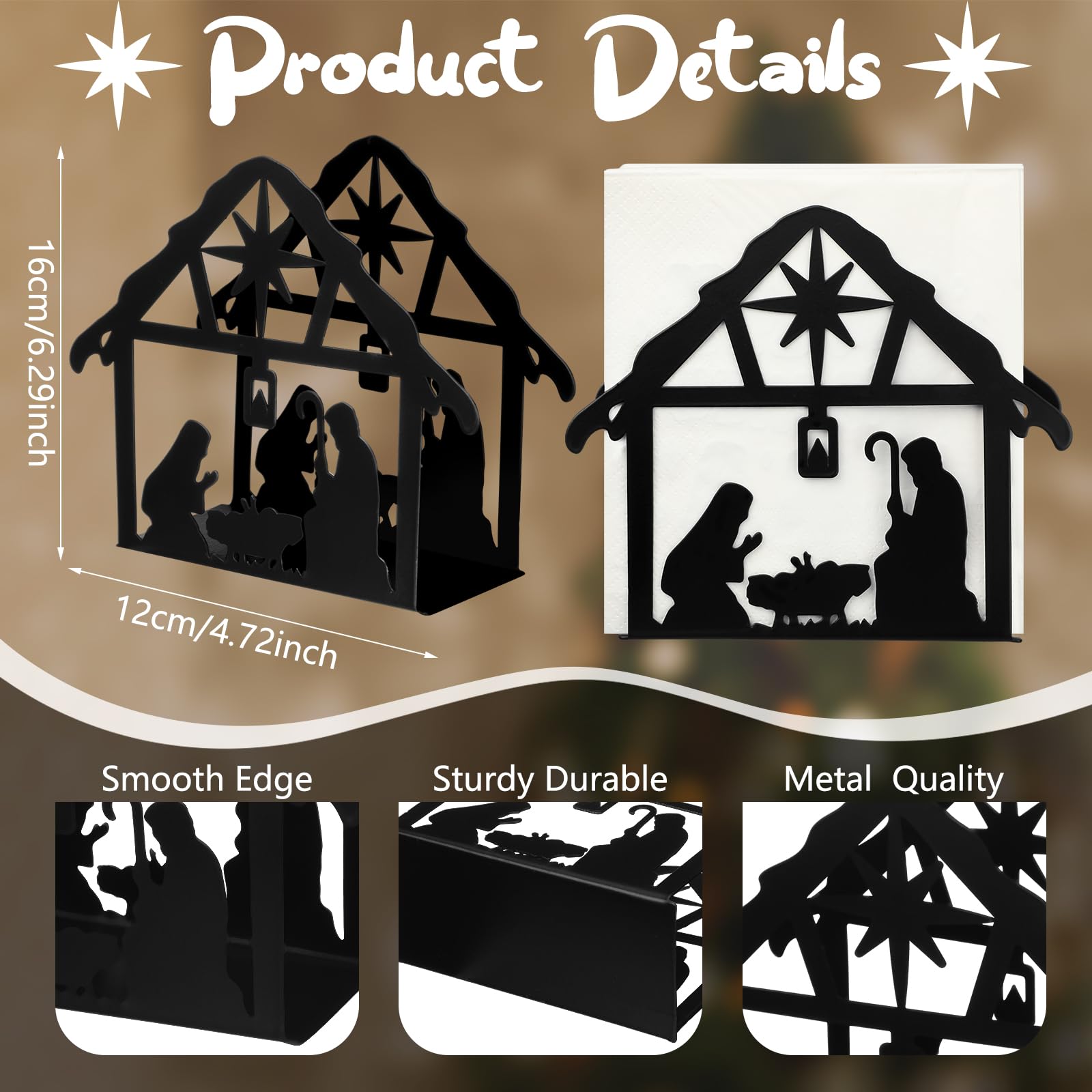 Nuogo nativity napkin holder highlights nativity scene for elegant Christmas dining.