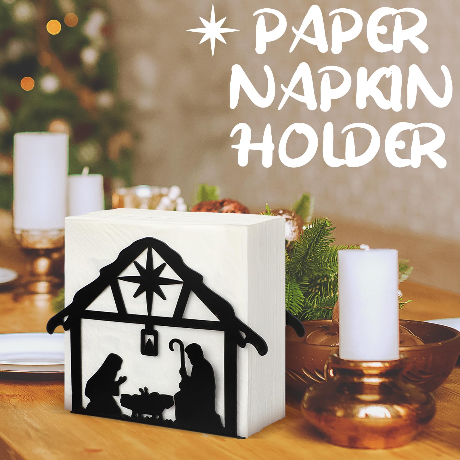 Nuogo nativity napkin holder showcases durable black metal with practical storage.