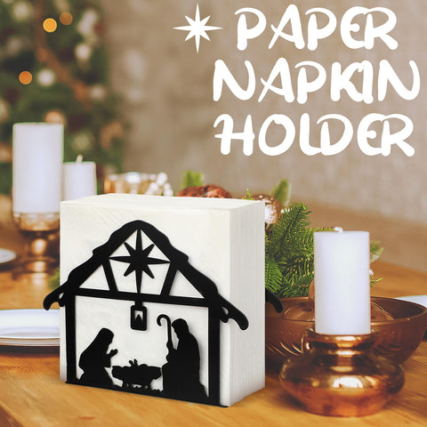 Nuogo nativity napkin holder showcases durable black metal with practical storage.