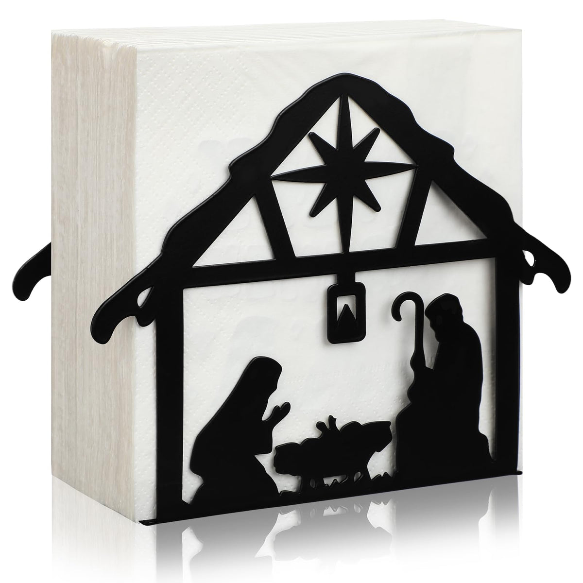 Nuogo nativity metal napkin holder on tabletop adds festive table decor.