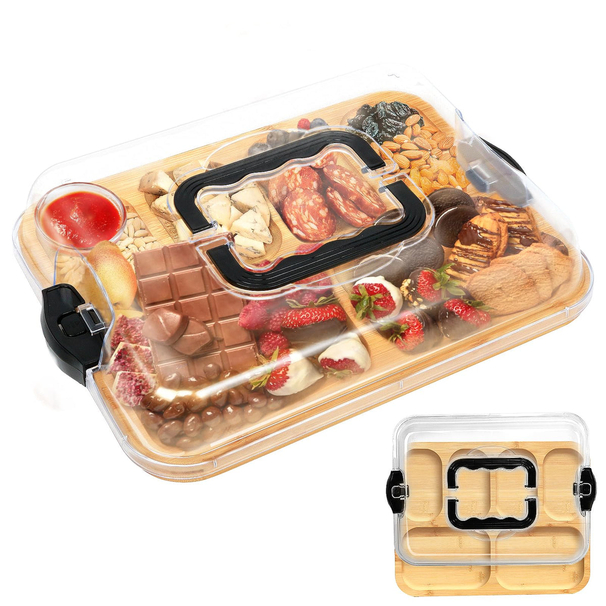NUOLAN bamboo charcuterie board with lid and handle for easy transport.
