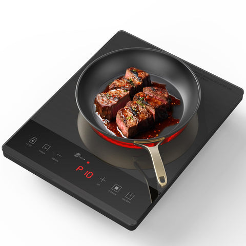 Nuopuplai electric hot plate front view, slim profile for easy kitchen storage