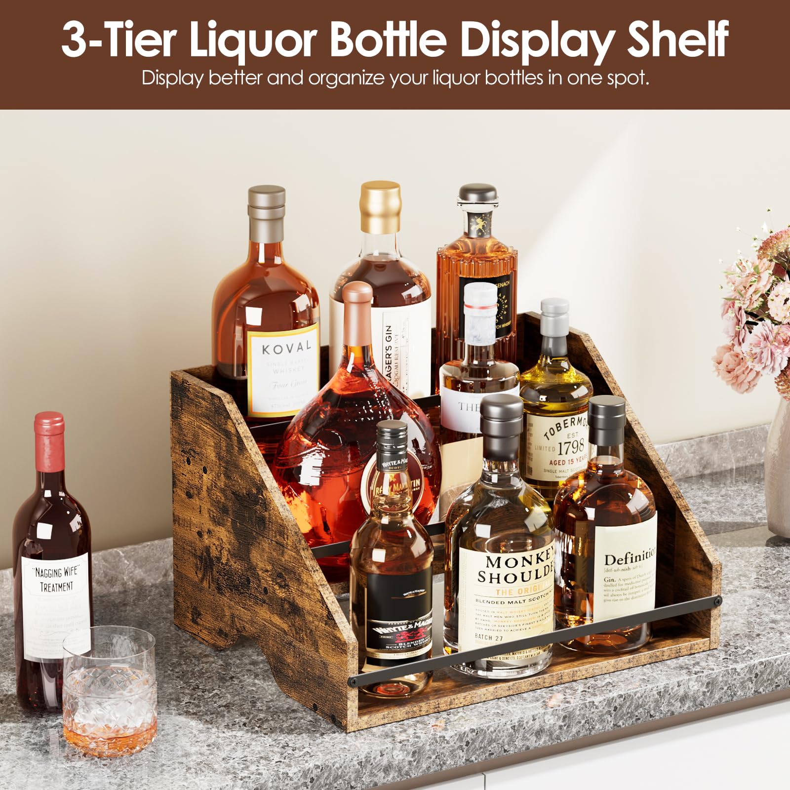 Nuovoware 3-step countertop rack organizes whiskey and spirits efficiently