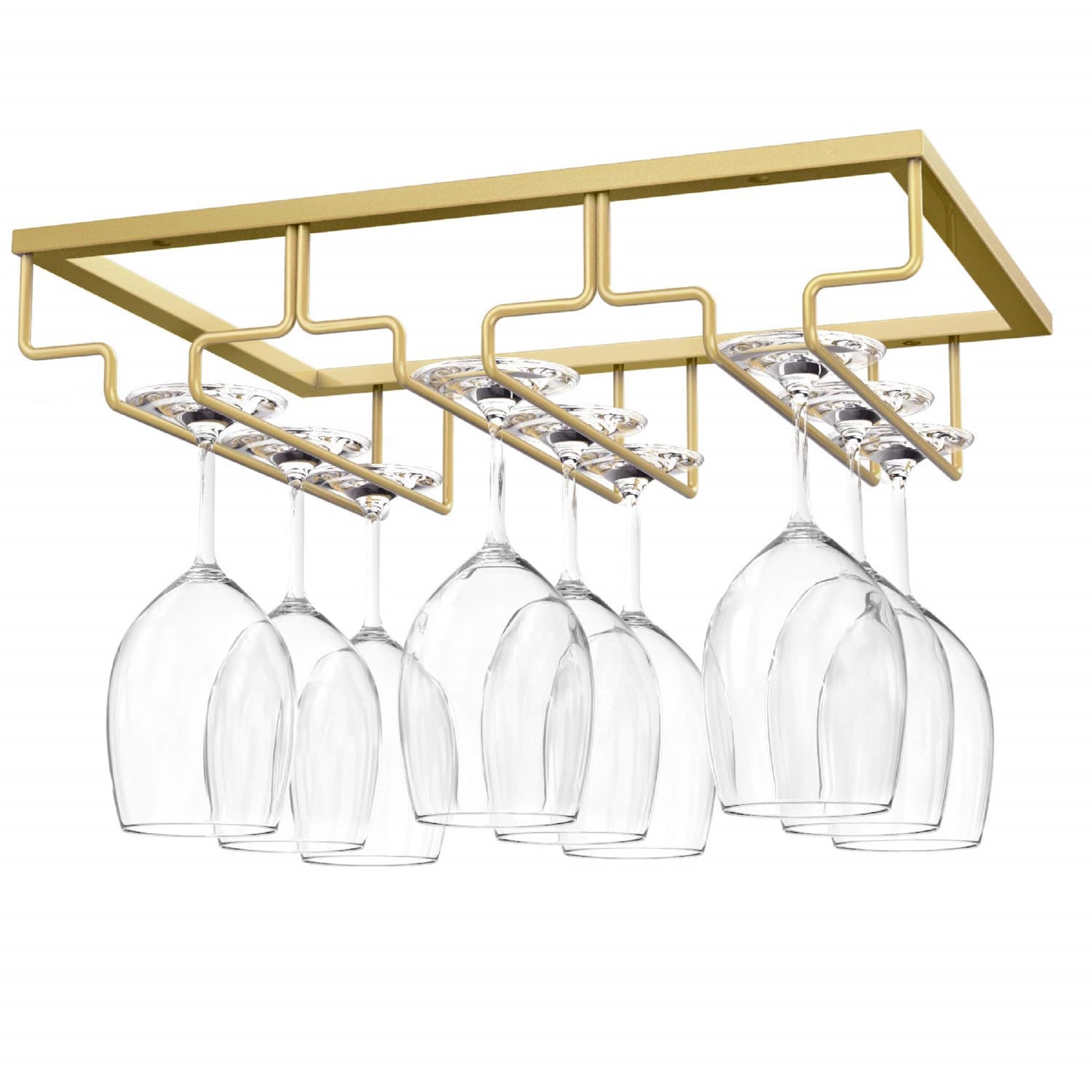 Nuovoware wine glass rack under cabinet in gold for clutter-free kitchen storage.
