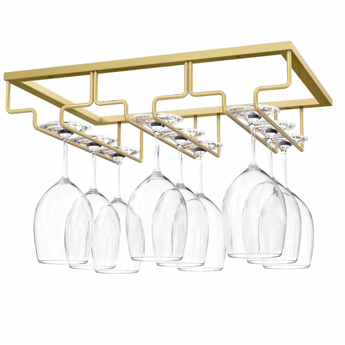 Nuovoware wine glass rack under cabinet in gold for clutter-free kitchen storage.