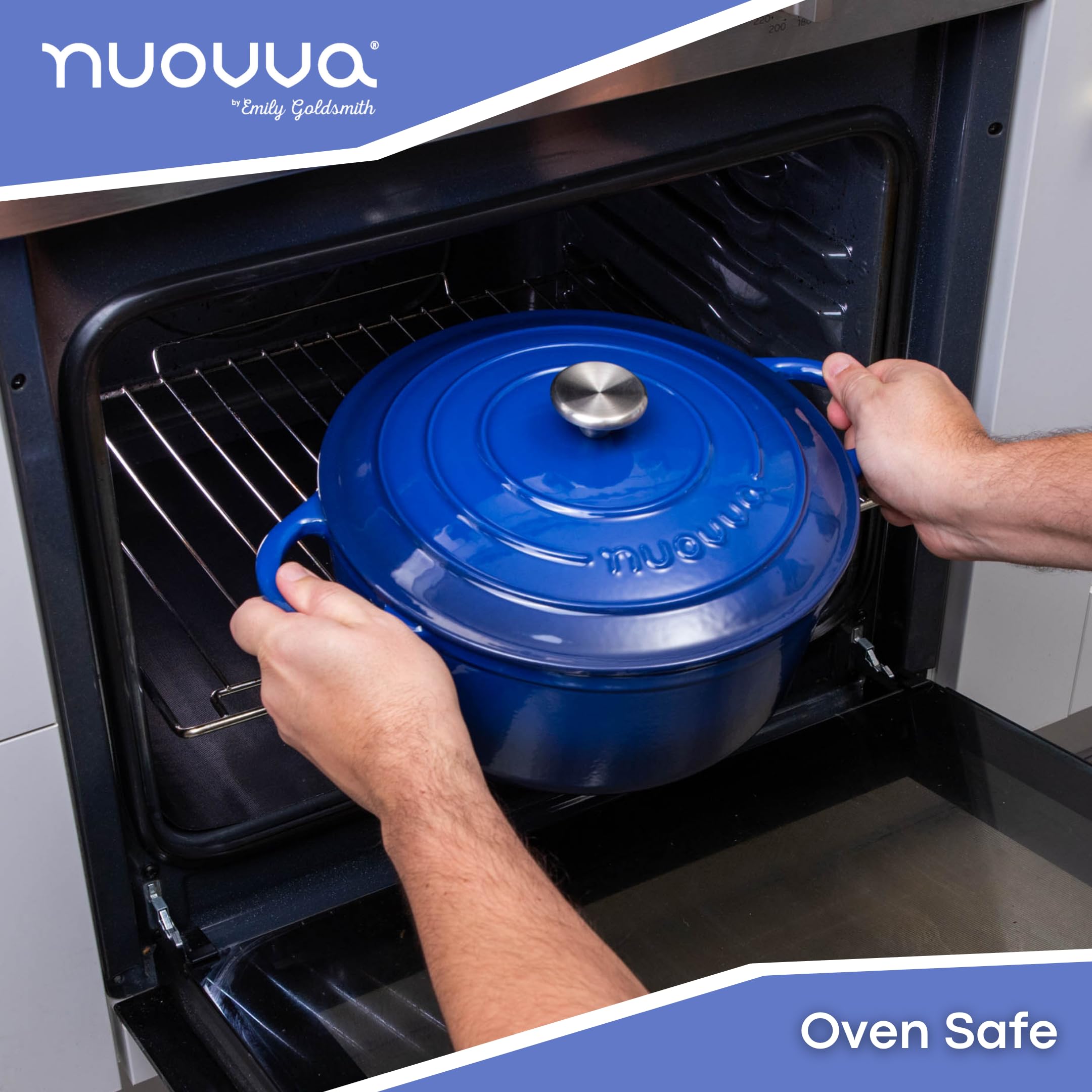Nuovva 7.3-quart blue enamelled Dutch oven ready for browning and oven finish.