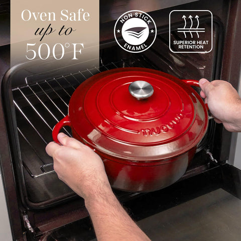 Nuovva dutch oven browns meat evenly, sealing in juices for rich sauces.