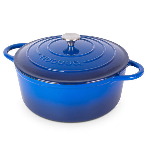 Nuovva cast iron Dutch oven blue body with enamel coating for easy cleaning and heat retention.