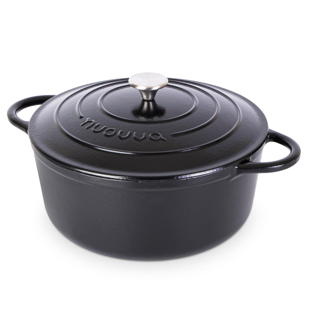 Nuovva cast iron Dutch Oven with lid shows durable enamel for easy cleaning.