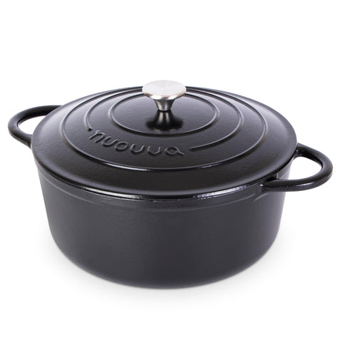 Nuovva cast iron Dutch Oven with lid shows durable enamel for easy cleaning.
