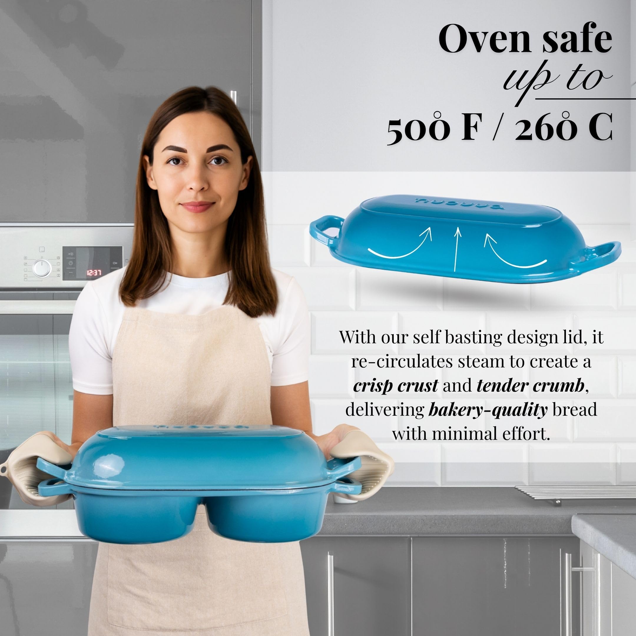 Nuovva cast iron ensures even heat across the two loaves.