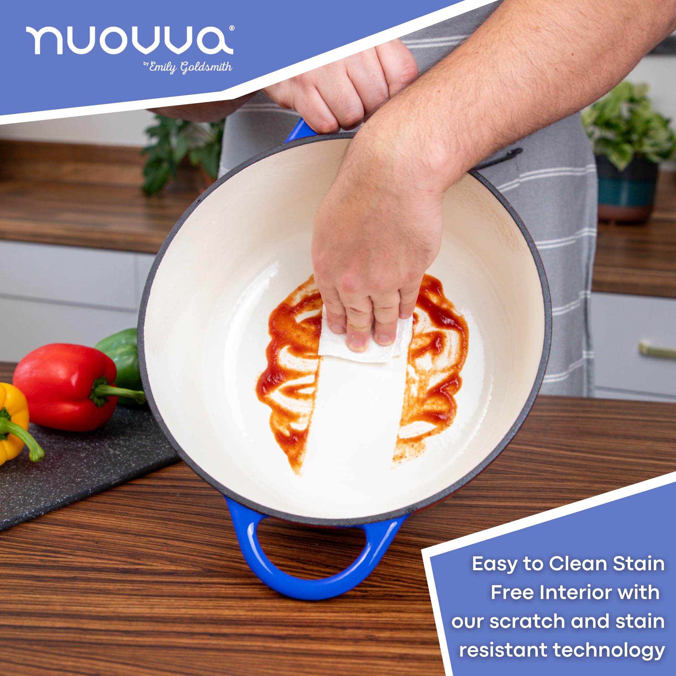 Nuovva dark blue finish adds style and practical durability for everyday meals.