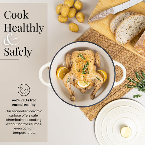 Nuovva double-handles cream facilitate safe lifting from stove to oven.