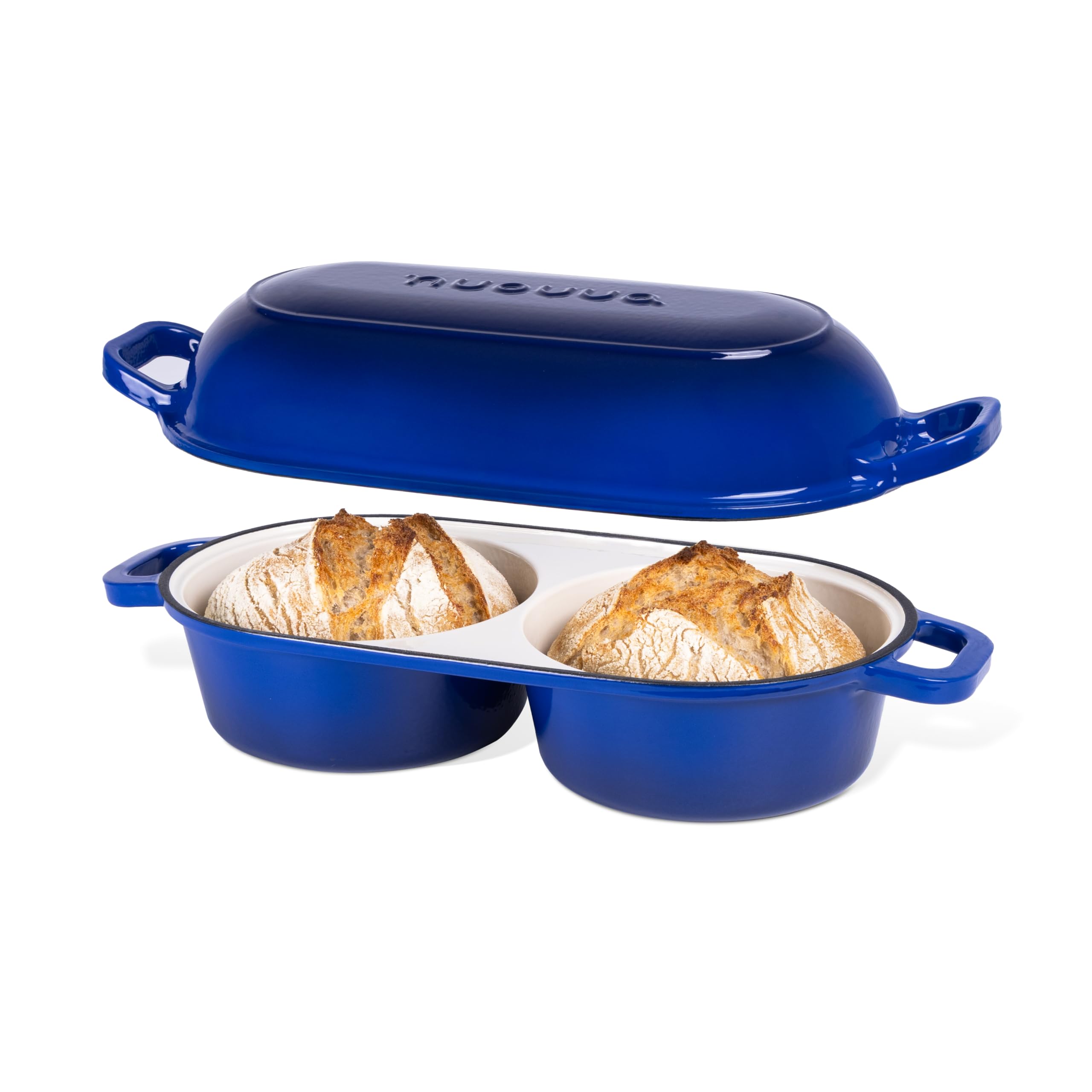 Nuovva double loaf dutch oven in dark blue with two baking cavities for sourdough