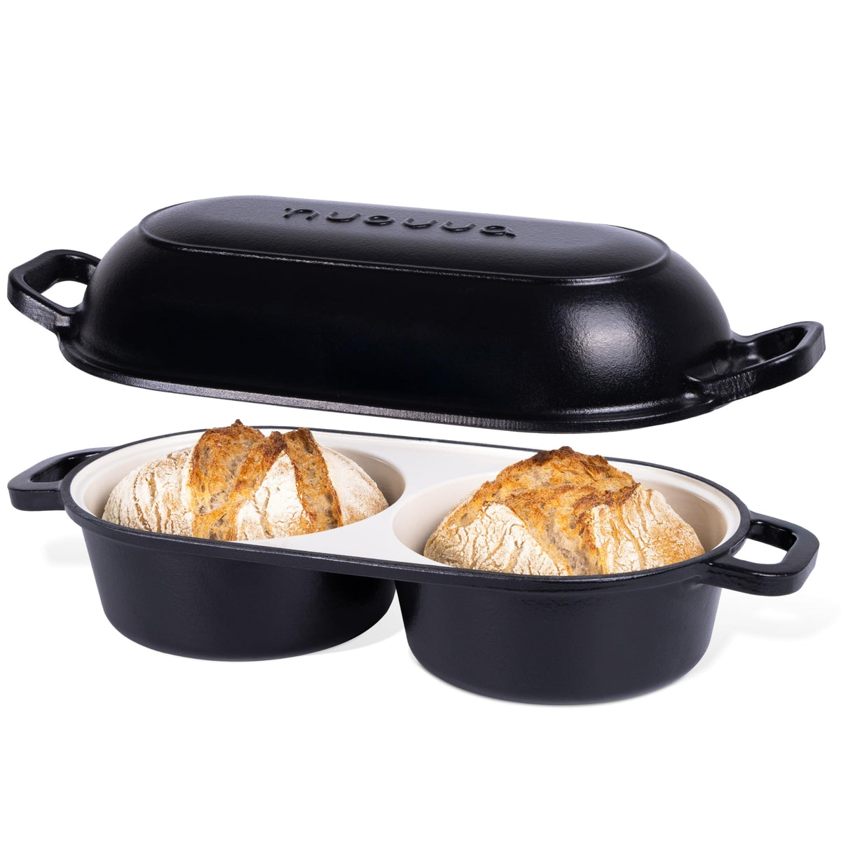 Nuovva double loaf pan showing two round cavities for two loaves