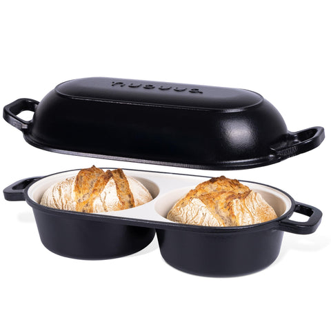 Nuovva double loaf pan showing two round cavities for two loaves