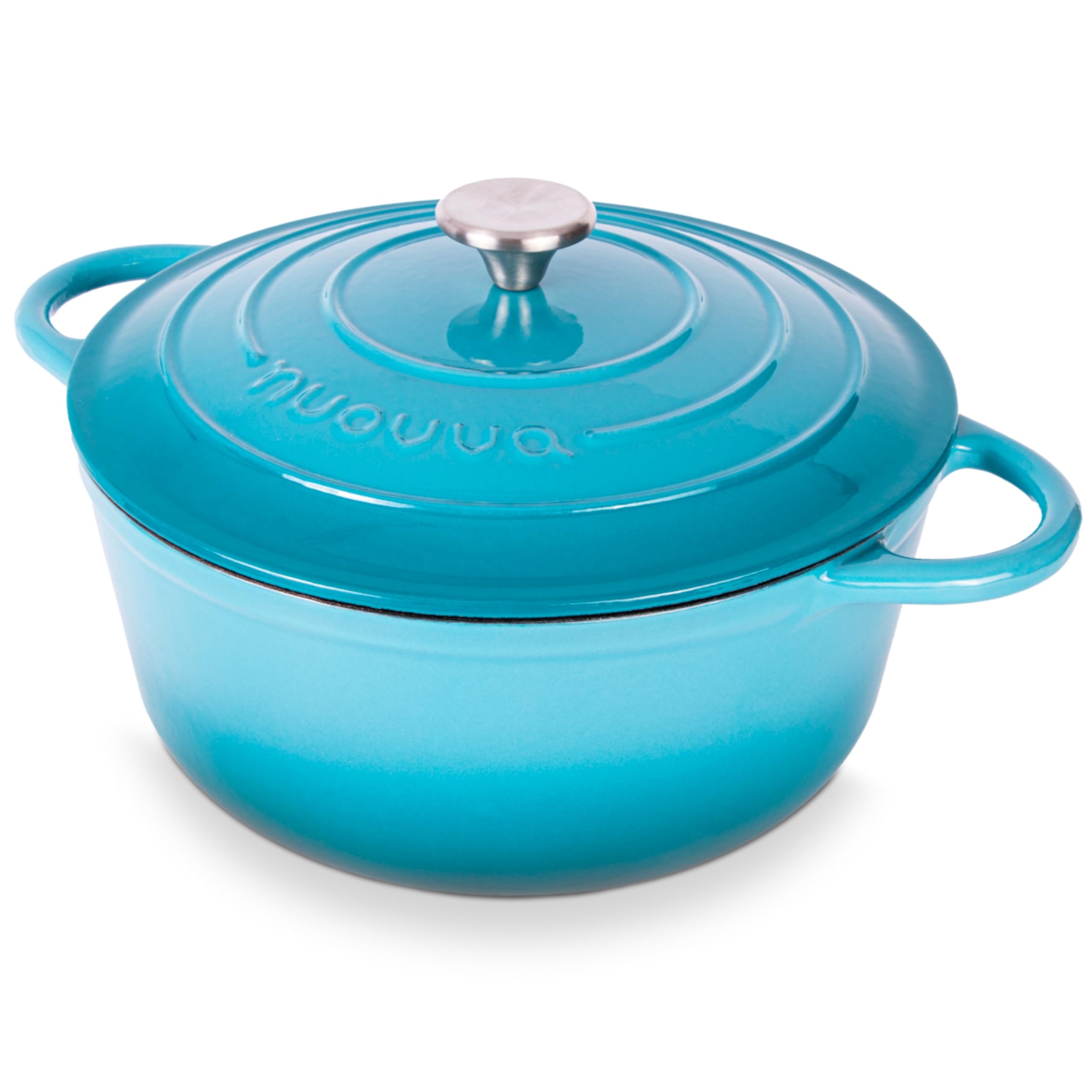 Nuovva enamelled cast iron Dutch oven lid view highlighting moisture-locking design.