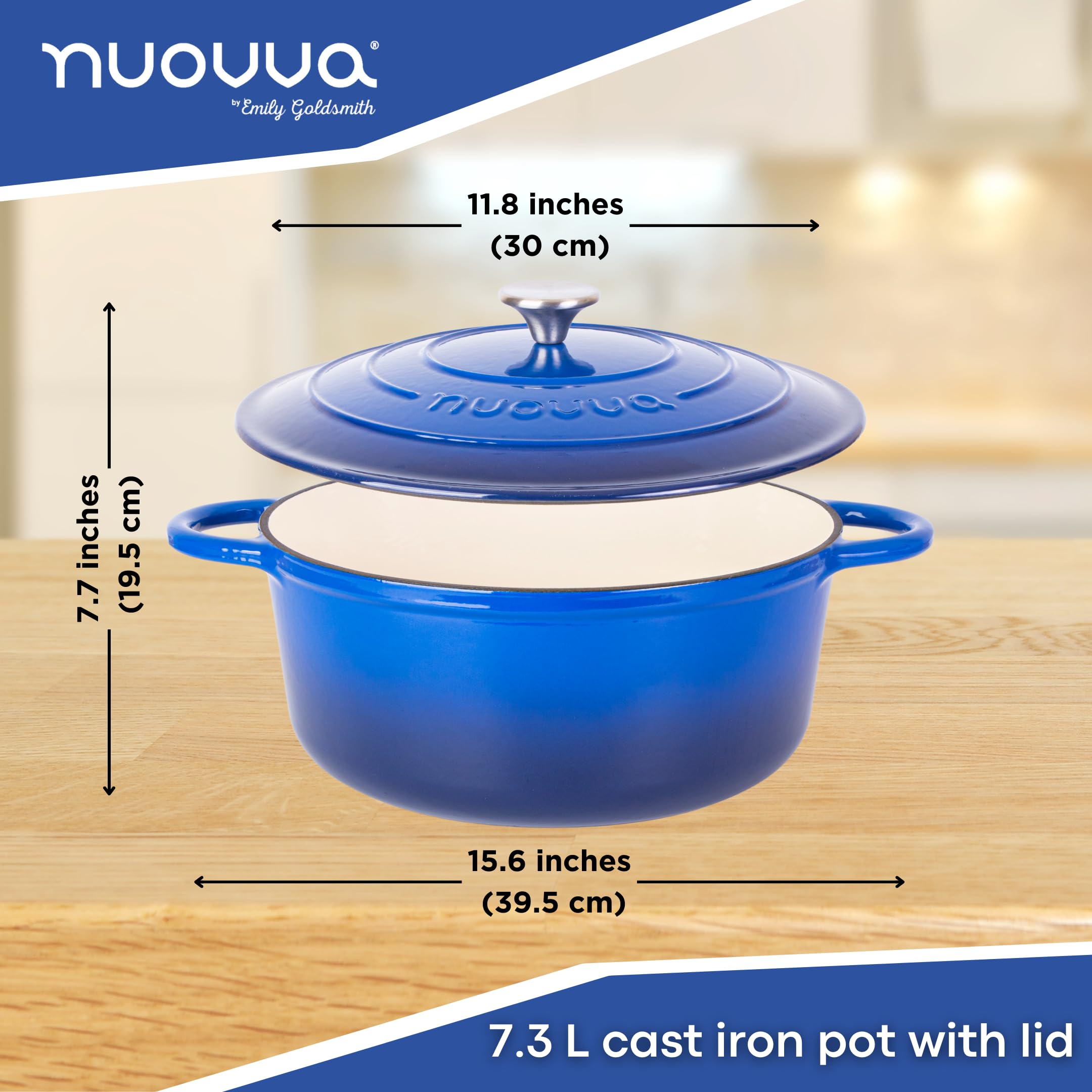 Nuovva blue enamel lid on a cast iron Dutch oven aids heat retention.