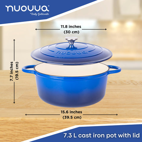 Nuovva blue enamel lid on a cast iron Dutch oven aids heat retention.