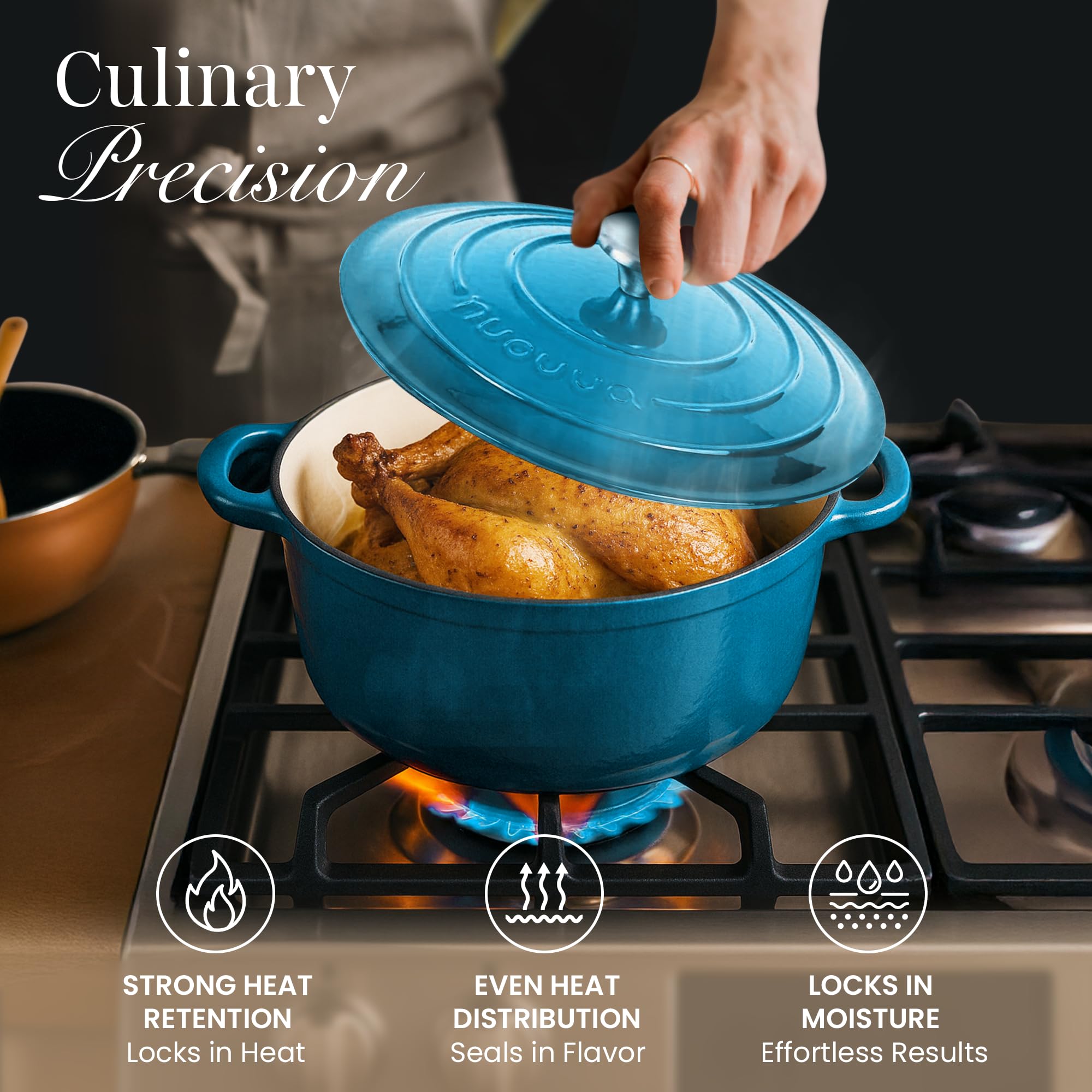 Nuovva Dutch Oven interior easy-clean finish after cooking.