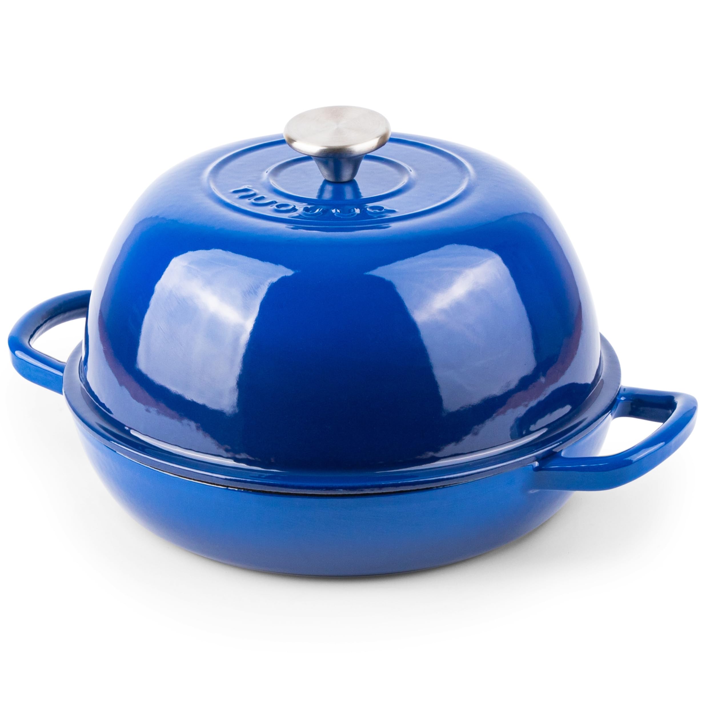 Nuovva pot features sturdy handles for safe oven-to-table transfer.