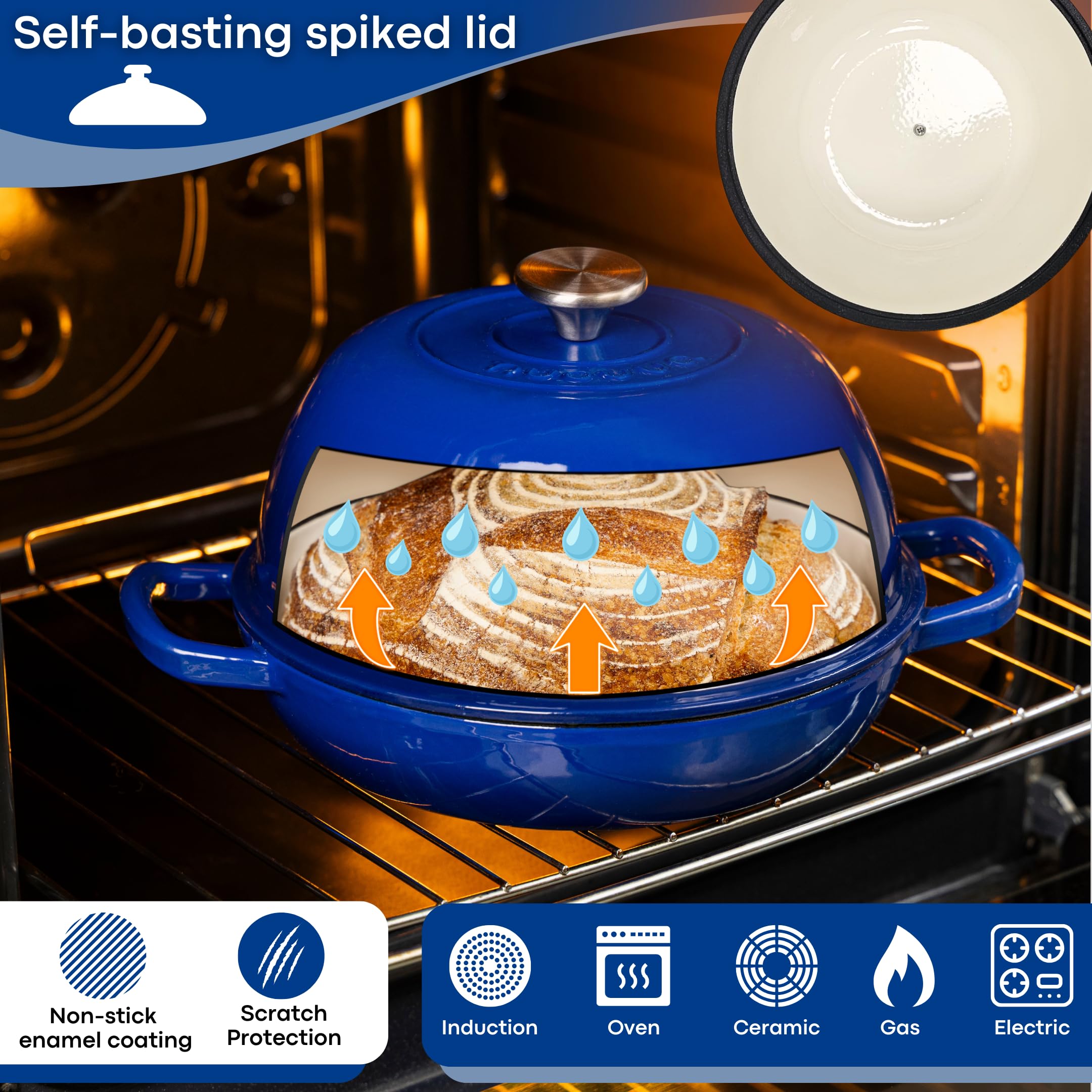 Nuovva enamelled interior highlights even heat distribution for consistent bake.