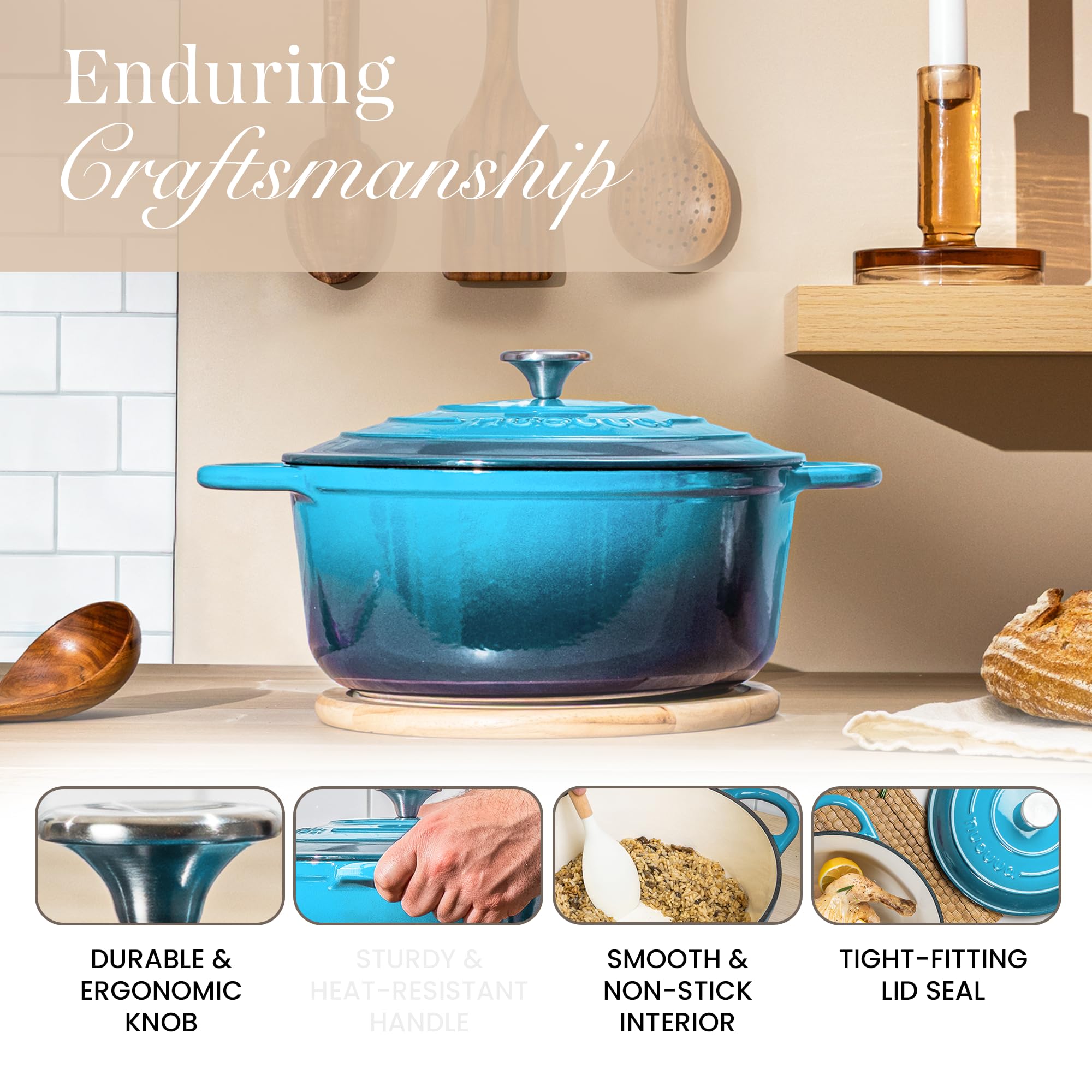 Nuovva Dutch Oven shown oven-safe up to 500°F on a rack.