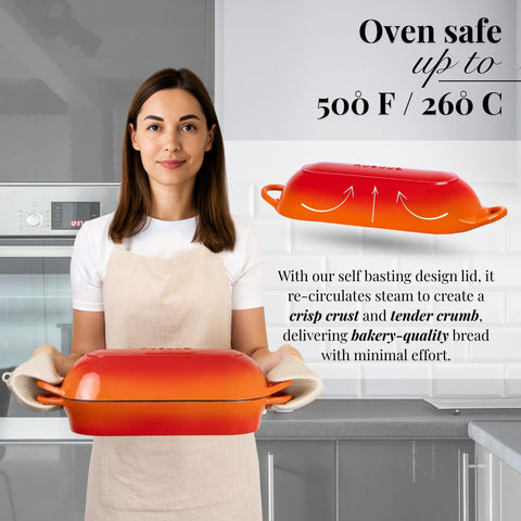 Nuovva orange Dutch oven for sourdough, versatile for baking and roasting.