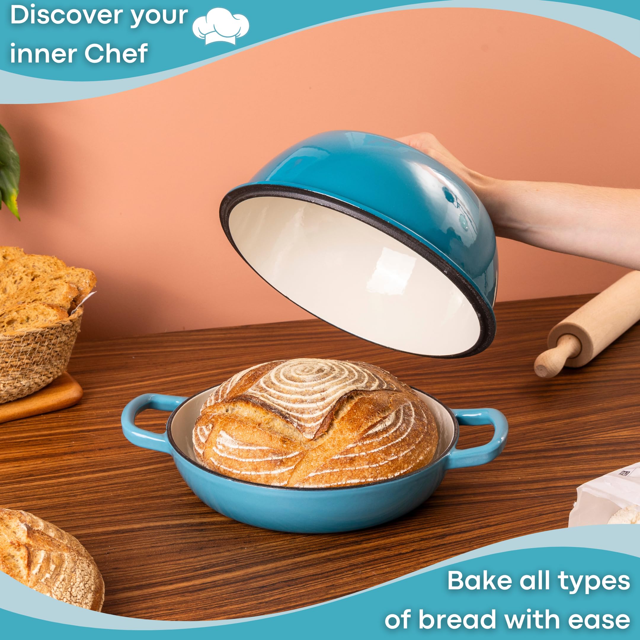 Steam-trapping lid inside Nuovva enamelled cast iron pot supports moist crumb